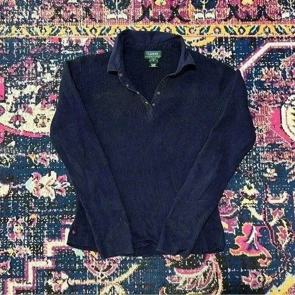 Lauren Ralph Lauren Pullover Sweater Women’s Size Medium Cotton Gold Buttons Nav - Picture 1 of 1
